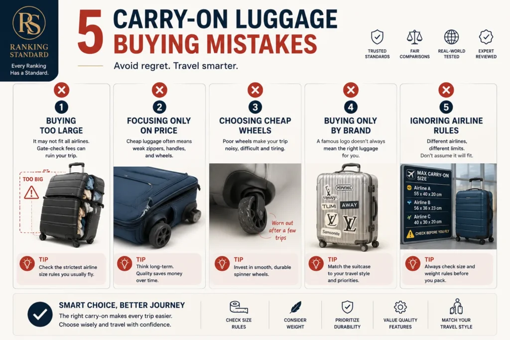Infographic highlighting five common mistakes when buying carry-on luggage, including choosing oversized luggage, focusing only on price, buying low-quality wheels, choosing by brand alone, and ignoring airline cabin size rules.