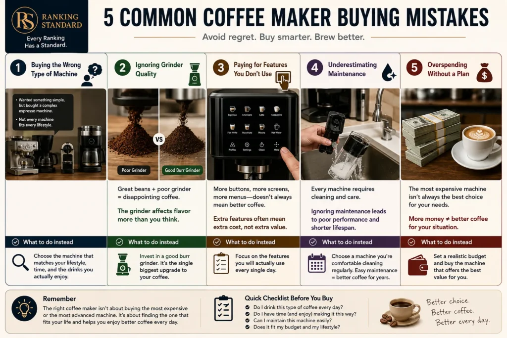 nfographic explaining five common mistakes when buying a coffee maker, including choosing the wrong machine type, ignoring grinder quality, paying for unnecessary features, underestimating maintenance, and overspending.