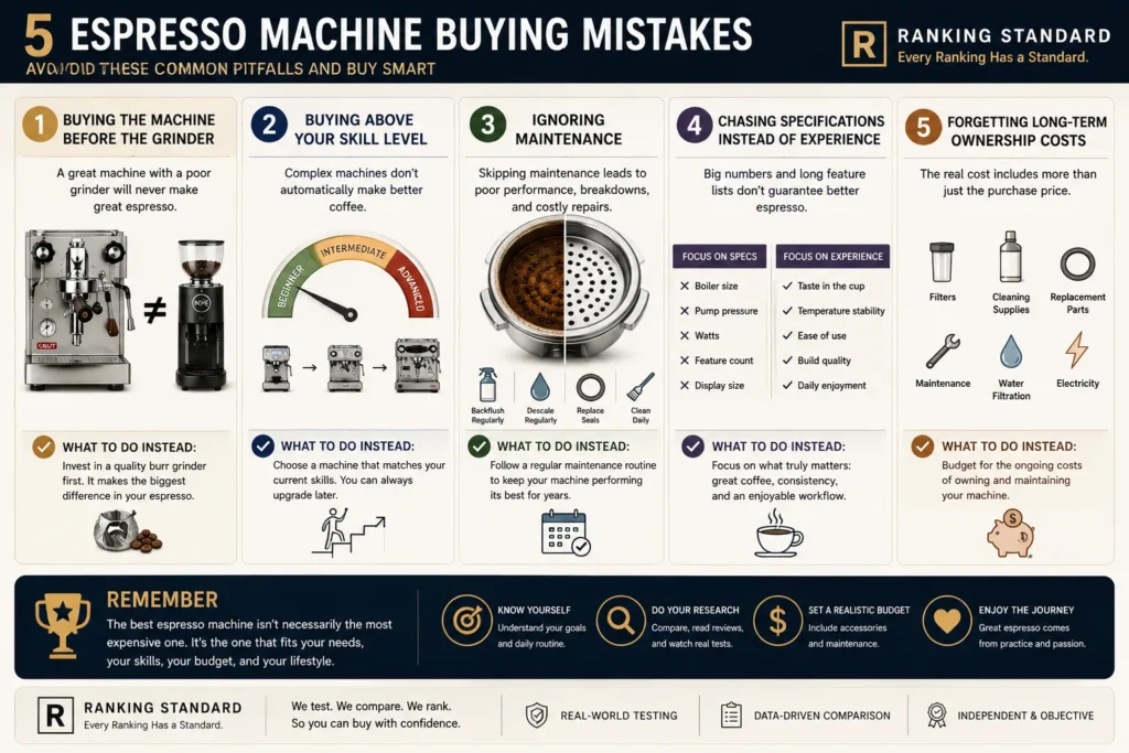 Infographic highlighting five common mistakes when buying an espresso machine, including buying the machine before the grinder, choosing beyond your skill level, ignoring maintenance, focusing only on specifications, and overlooking long-term ownership costs.