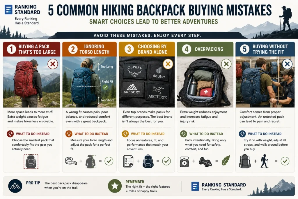Infographic explaining five common mistakes when buying a hiking backpack, including choosing a pack that's too large, ignoring torso length, overpacking, buying by brand alone, and failing to adjust the fit.