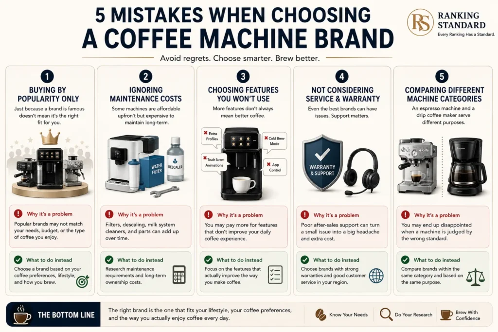 Infographic explaining five common mistakes people make when choosing a coffee machine brand, including buying by popularity, ignoring maintenance costs, comparing different machine categories, and overlooking warranty support.