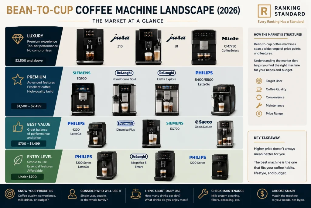 Infographic categorizing bean-to-cup coffee machines into Luxury, Premium, Best Value, and Entry Level segments based on price, features, and target users.