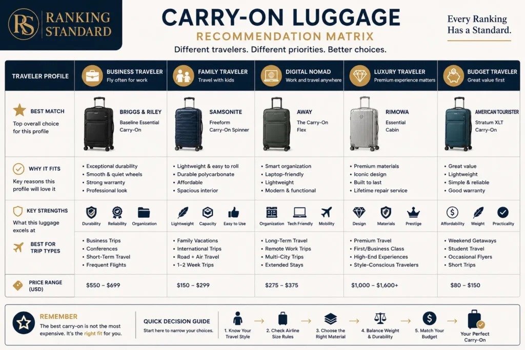 Comparison matrix recommending different carry-on luggage types and brands for business travelers, families, digital nomads, luxury travelers, and budget-conscious travelers.