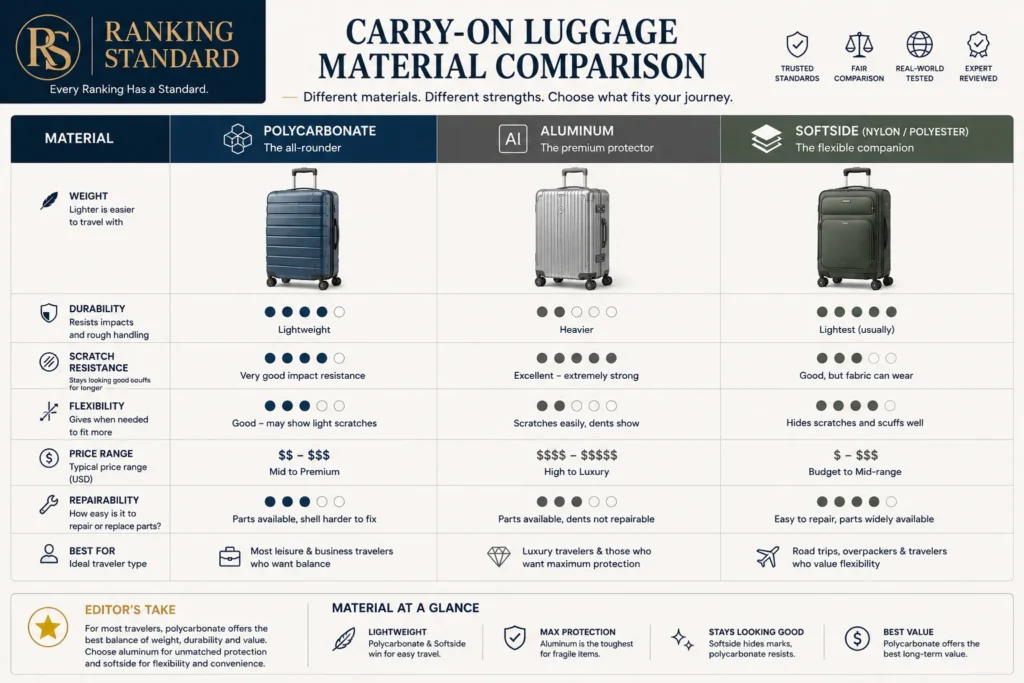 Comparison infographic of polycarbonate, aluminum, and softside carry-on luggage, highlighting differences in weight, durability, flexibility, scratch resistance, price, and ideal use cases.