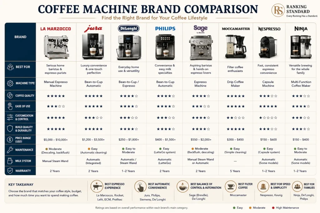 Comparison chart showing leading coffee machine brands across coffee quality, ease of use, customization, durability, maintenance, and price range.