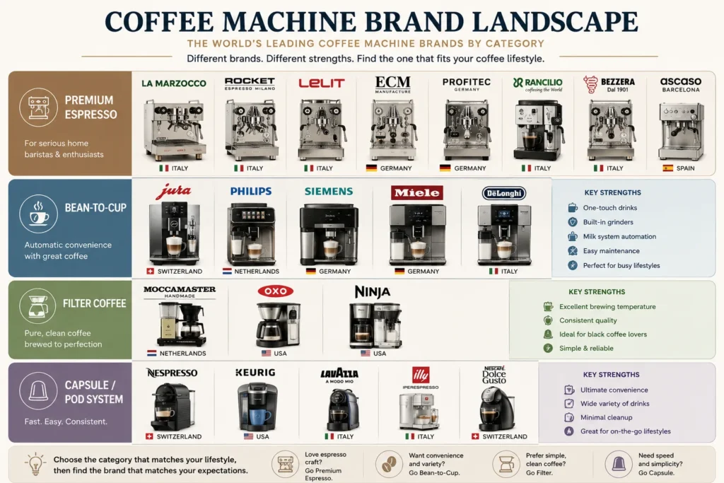 Infographic categorizing leading coffee machine brands into premium espresso, bean-to-cup, filter coffee, and capsule coffee systems.