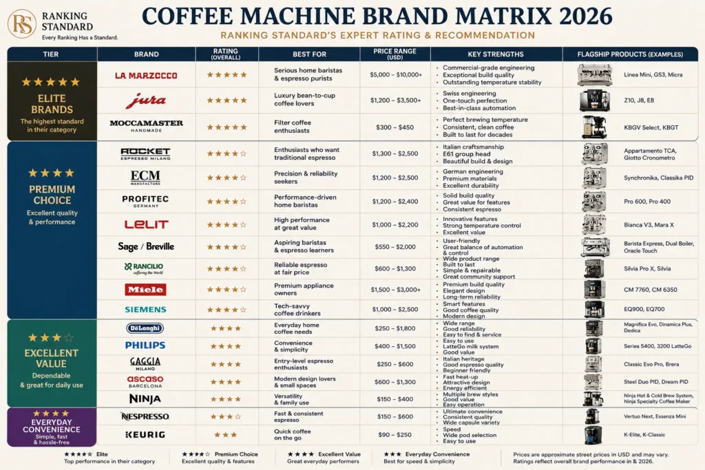 Ranking Standard brand matrix comparing the world's leading coffee machine brands by tier, strengths, flagship models, and ideal user profiles.