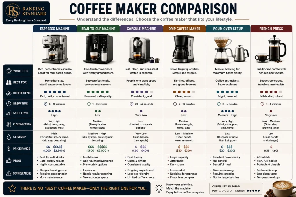 Comparison infographic of espresso machines, bean-to-cup machines, capsule machines, drip coffee makers, pour-over brewers, and French presses, highlighting brewing methods, ease of use, customization, and ideal users.