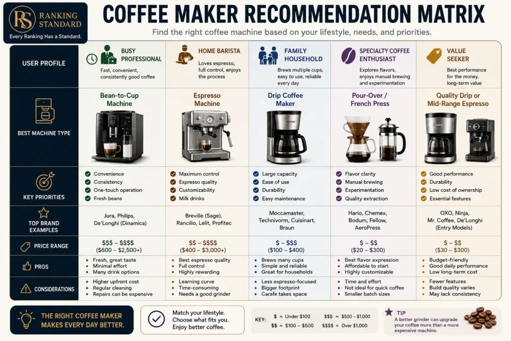 Recommendation matrix comparing the best coffee maker types for busy professionals, home baristas, families, specialty coffee enthusiasts, and value-conscious buyers.