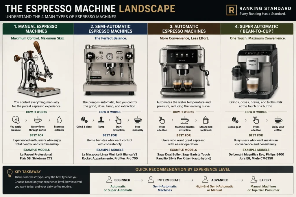 Infographic explaining the four main types of espresso machines: manual, semi-automatic, automatic, and super automatic (bean-to-cup), with their ideal users and brewing characteristics.