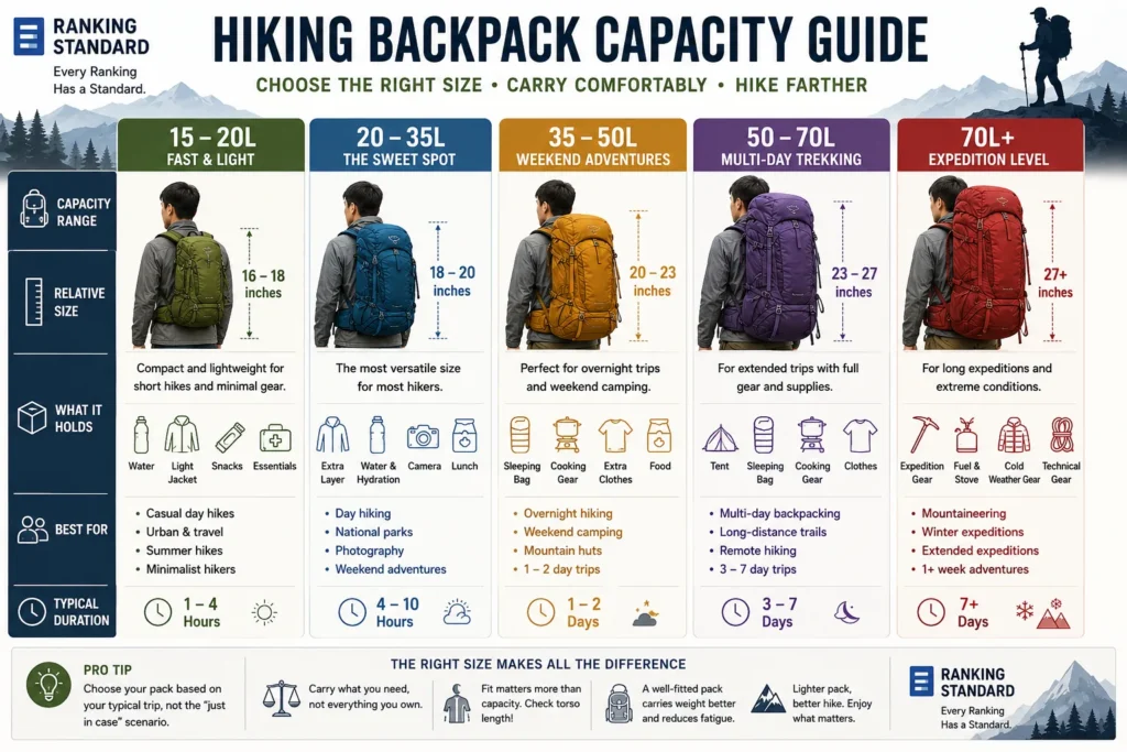 Infographic comparing hiking backpack sizes from 15–20L to 70L+, showing realistic backpack size differences, ideal trip length, gear capacity, and recommended uses.