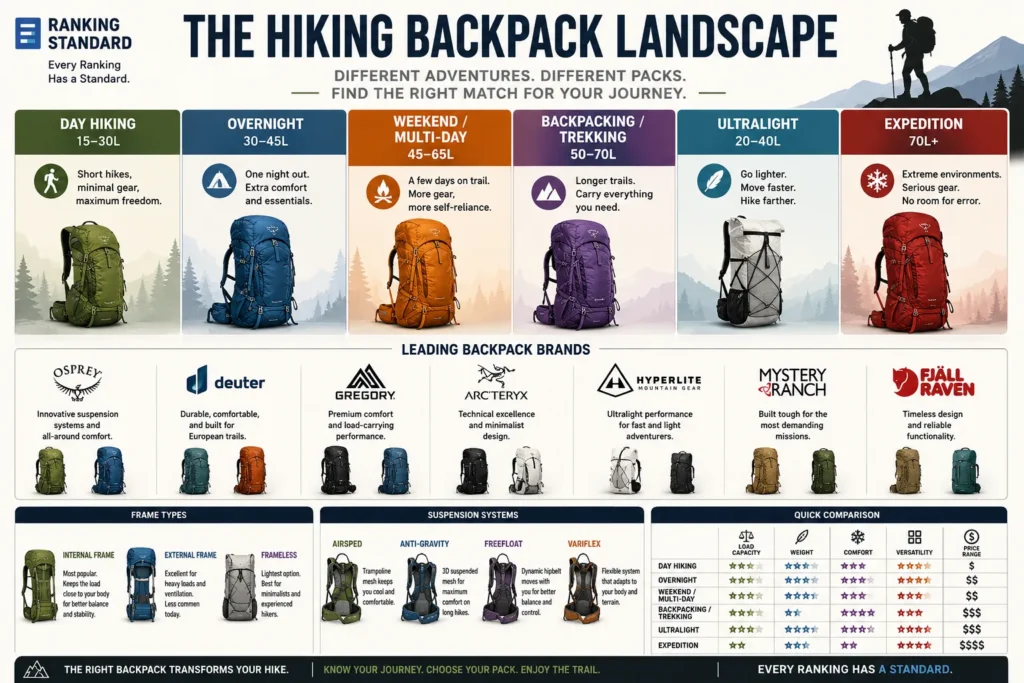 Infographic explaining the main hiking backpack categories, including daypacks, weekend packs, backpacking packs, ultralight packs, travel hiking backpacks, and expedition packs.
