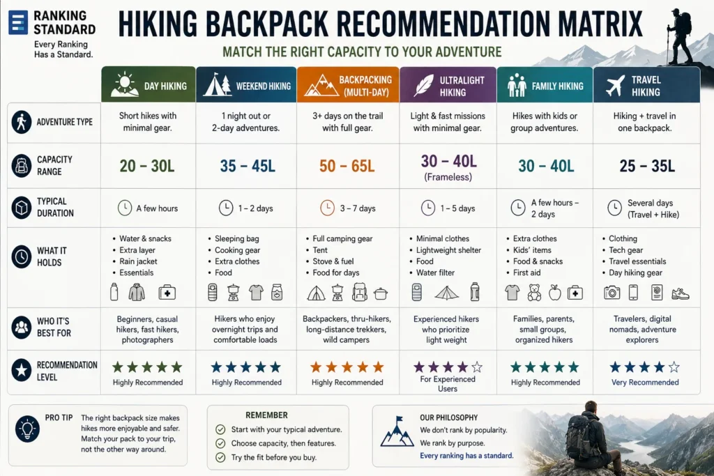 Recommendation matrix matching hiking backpack capacity ranges to hiking styles, including day hiking, weekend camping, backpacking, ultralight hiking, family hiking, and travel hiking.