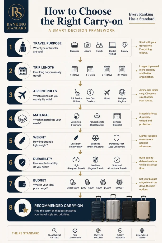 Decision framework infographic showing how travel purpose, trip length, airline rules, luggage material, weight, durability, and budget determine the ideal carry-on suitcase.