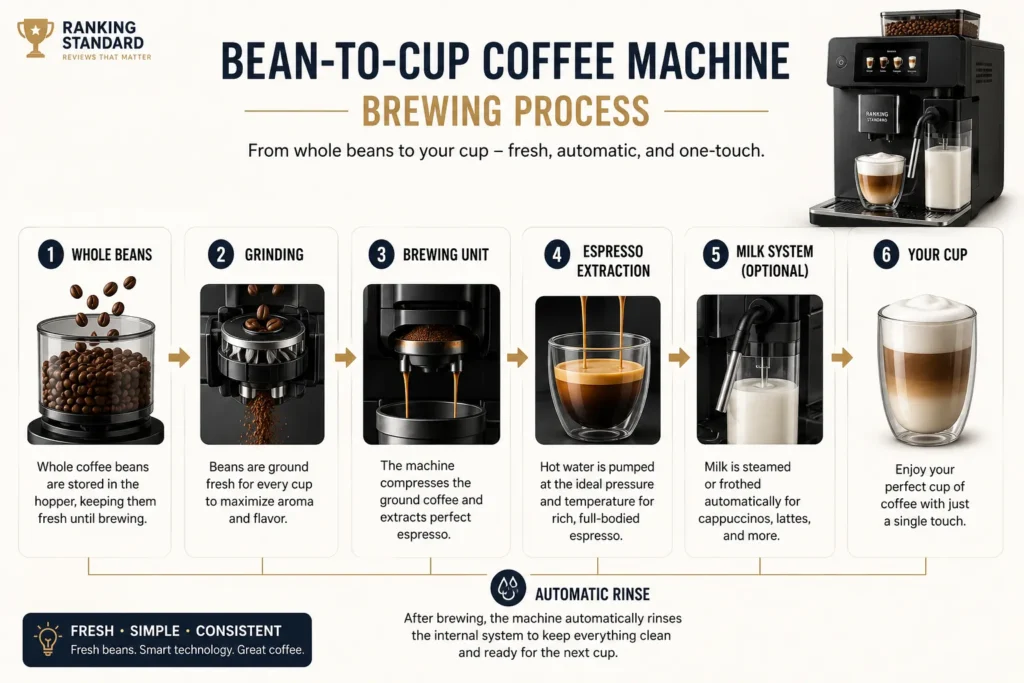 Infographic showing how a bean-to-cup coffee machine grinds beans, brews espresso, froths milk, and prepares coffee automatically.