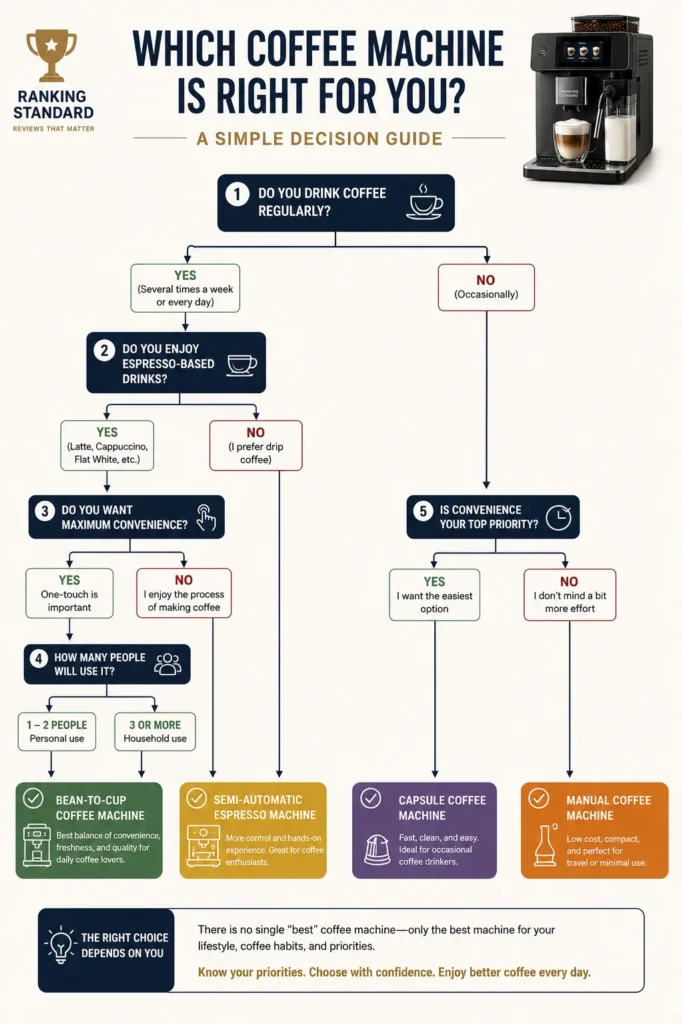 Decision tree helping coffee drinkers determine whether a bean-to-cup coffee machine matches their lifestyle and coffee habits.