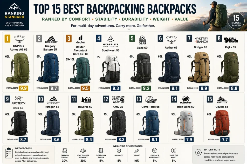 Ranking Standard Top 15 backpacking backpacks including Osprey Atmos AG 65, Gregory Baltoro 65, Deuter Aircontact Core, Hyperlite Southwest 55, and Granite Gear Blaze 60