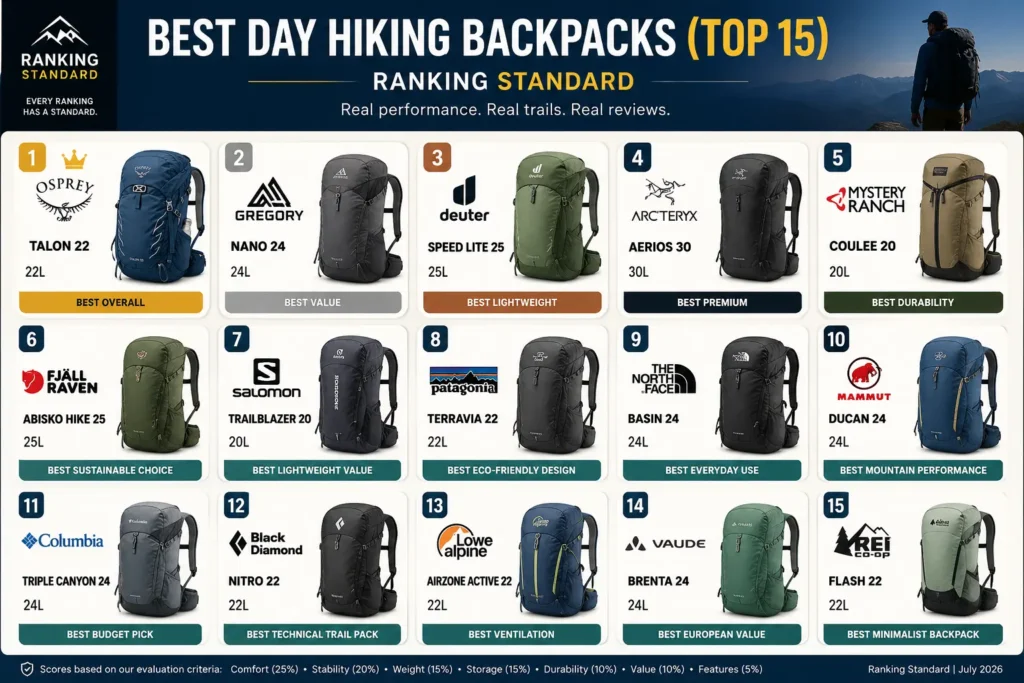 Top 15 day hiking backpacks ranked by Ranking Standard, including Osprey, Gregory, Deuter, Arc’teryx, Mystery Ranch, and other leading models