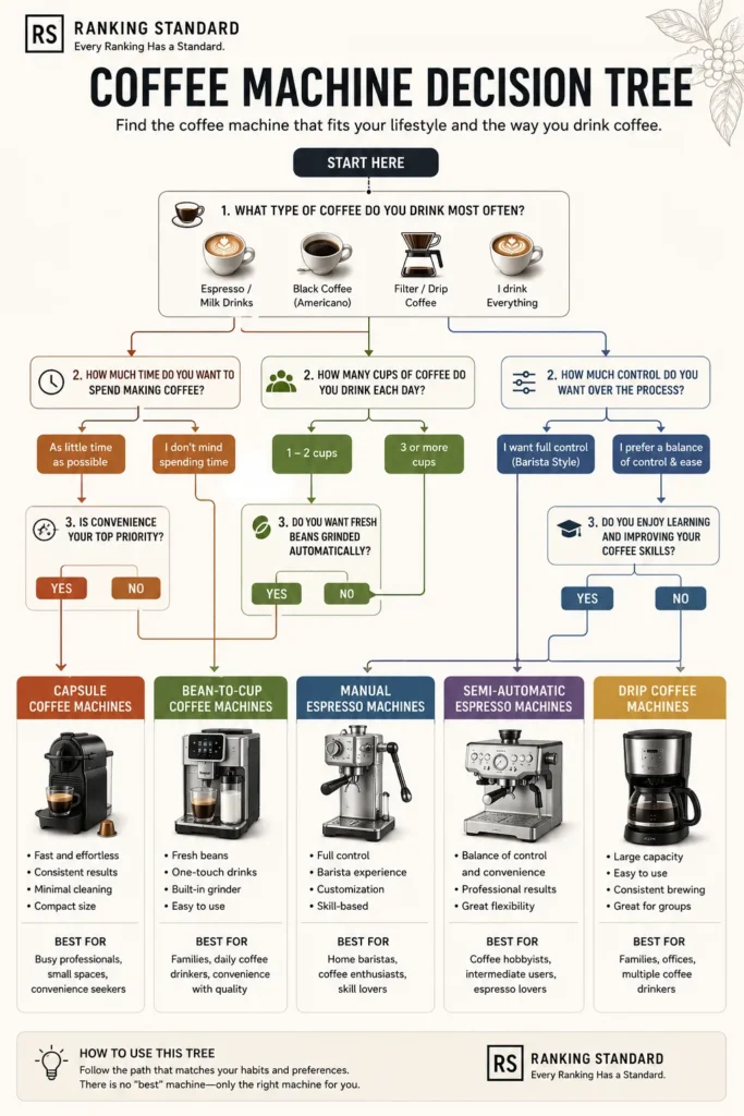 Decision tree helping buyers choose the right coffee machine based on lifestyle, coffee habits, and brewing preferences.