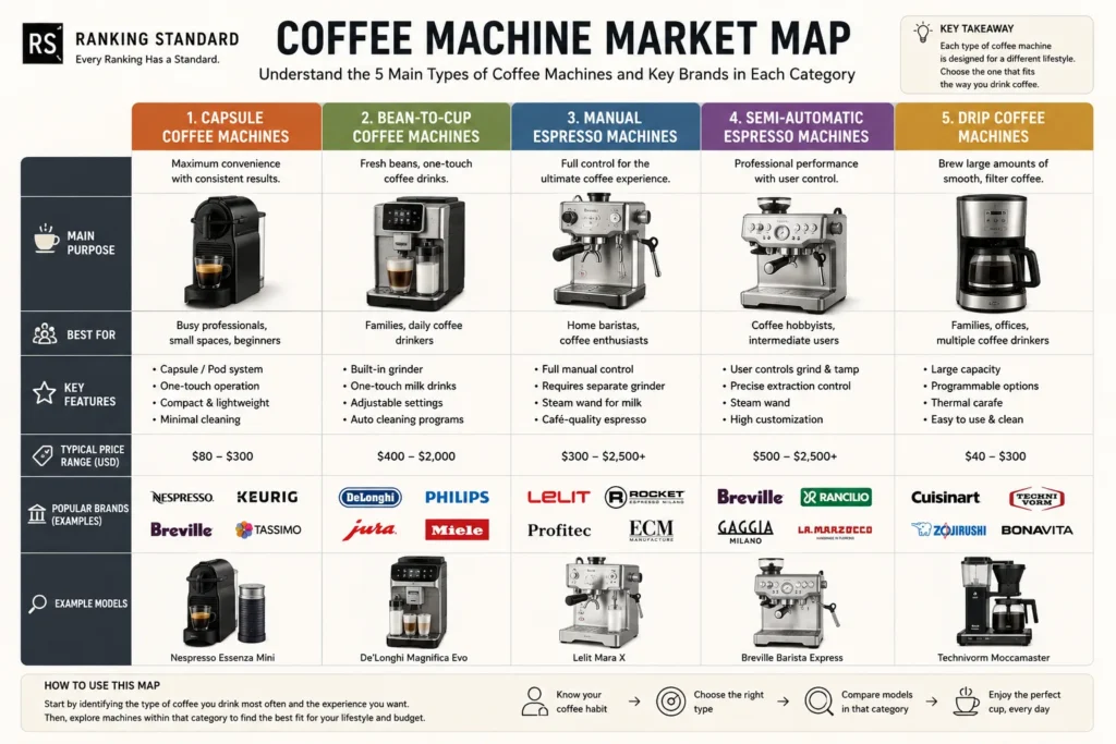 Coffee machine market map comparing capsule, bean-to-cup, manual espresso, semi-automatic espresso, and drip coffee machines.