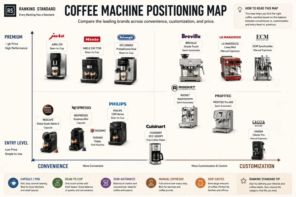 Positioning map comparing leading coffee machine brands by convenience, customization, price, and performance.