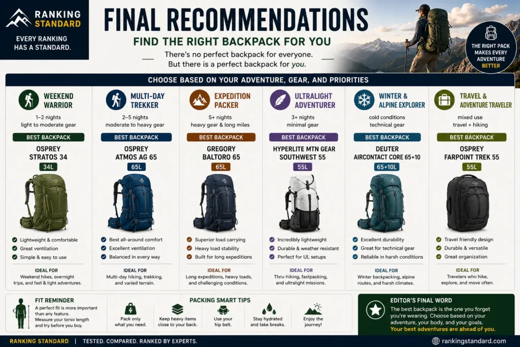 Final backpack recommendations by hiking style including Osprey Atmos AG 65, Gregory Baltoro 65, Hyperlite Southwest 55, Deuter Aircontact Core, and Osprey Farpoint Trek 55