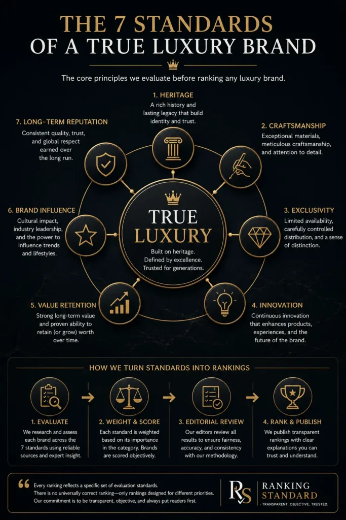 Infographic illustrating the seven evaluation standards used to assess luxury brands, including heritage, craftsmanship, exclusivity, innovation, value retention, brand influence, and long-term reputation.