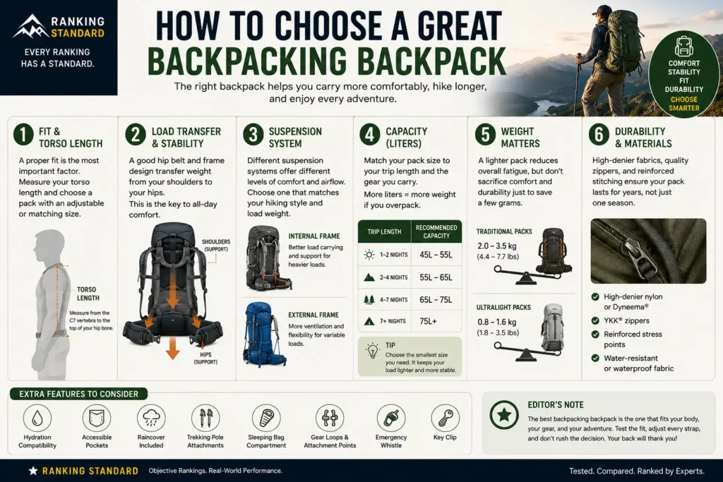 Illustrated buying guide explaining backpack fit, suspension systems, durability, torso length, load transfer, and backpack selection