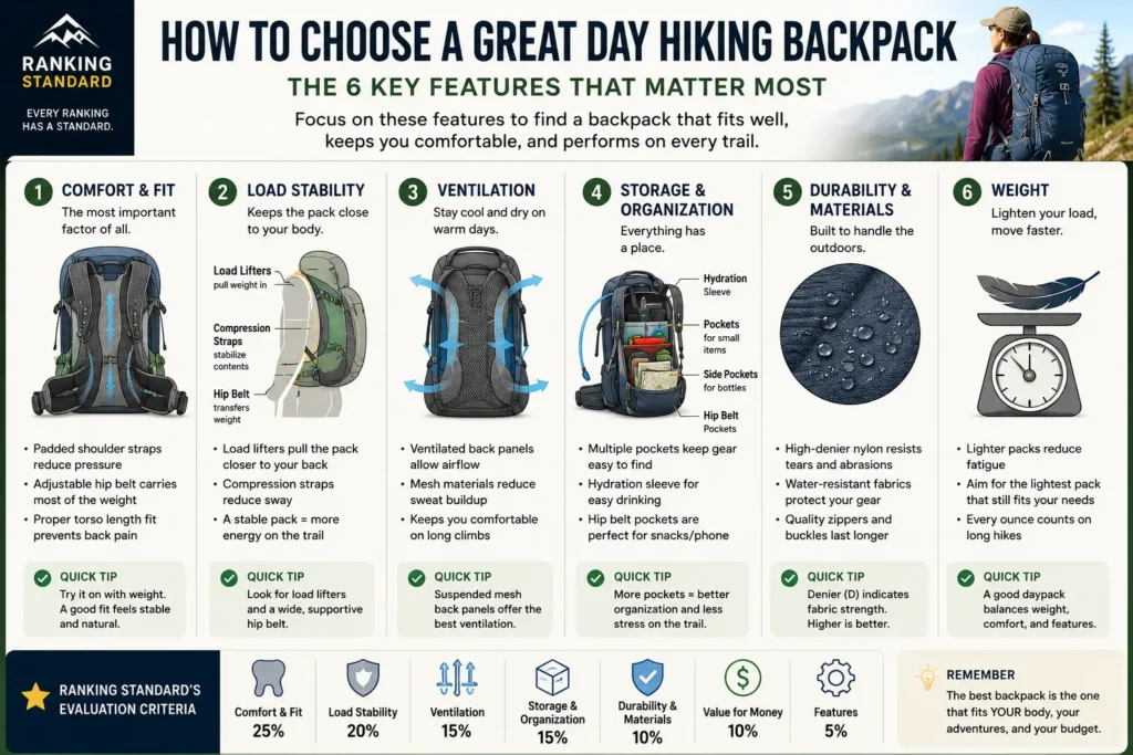 Day hiking backpack buying guide explaining comfort, load stability, ventilation, storage, durability, and backpack weight