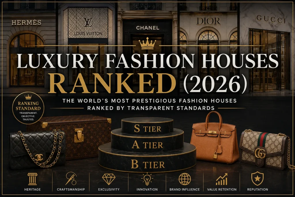 Editorial hero image showcasing the world's leading luxury fashion houses ranked by transparent evaluation standards, featuring iconic luxury fashion symbols and premium branding aesthetics.