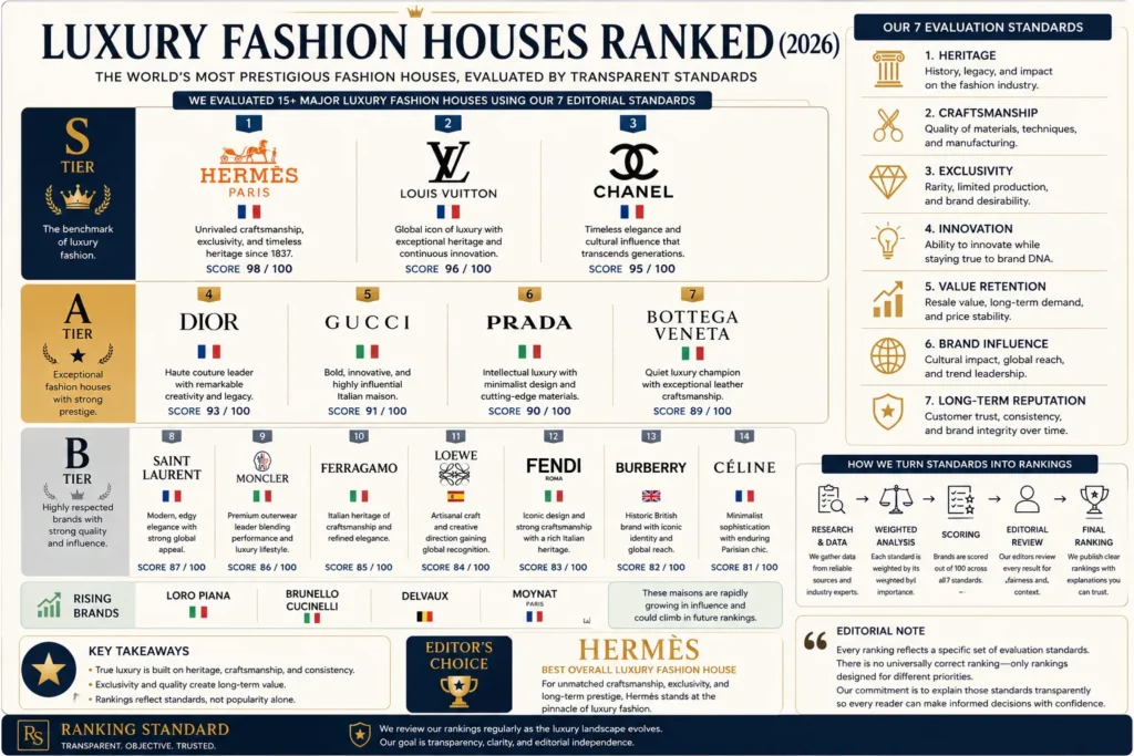 Luxury fashion houses ranked into S, A, and B tiers using Ranking Standard's seven evaluation criteria, including heritage, craftsmanship, exclusivity, innovation, value retention, brand influence, and long-term reputation.
