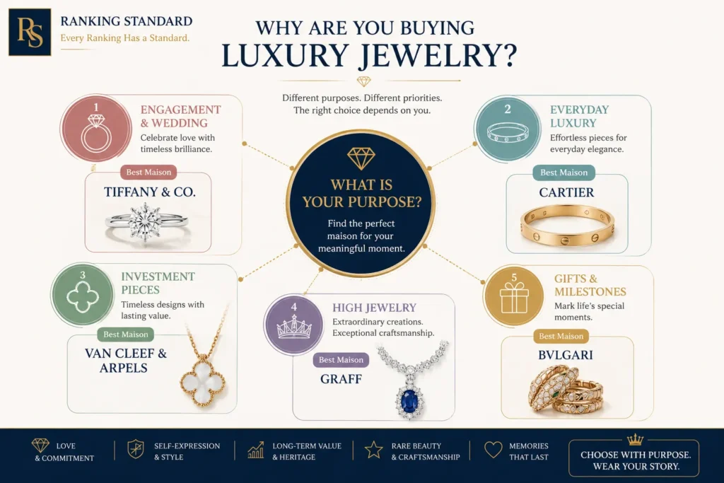 Infographic organizing luxury jewelry purchases by purpose, including engagement and wedding, everyday luxury, investment pieces, high jewelry, and gifts or milestones, with suitable jewelry maisons for each goal.