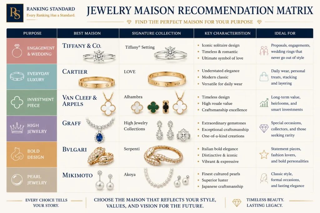 Luxury jewelry recommendation matrix comparing Tiffany & Co., Cartier, Van Cleef & Arpels, Graff, Bulgari, and Mikimoto by buying purpose, signature collection, design strengths, and ideal buyer.