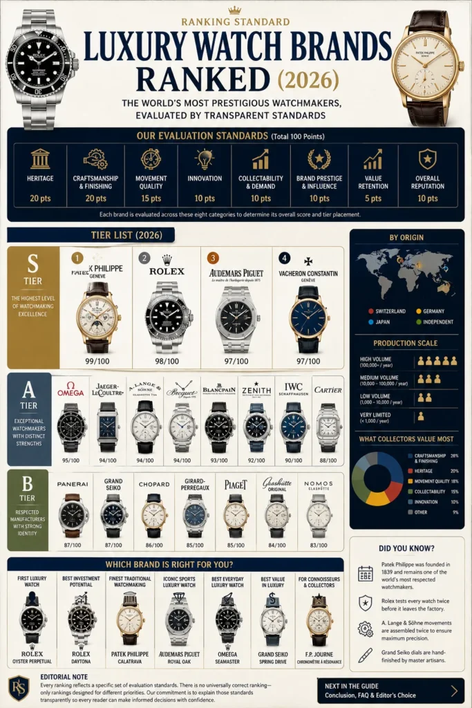 Infographic comparing leading luxury watch brands across S, A, and B tiers using Ranking Standard's editorial framework, including heritage, craftsmanship, movement quality, innovation, collectability, prestige, and value retention.