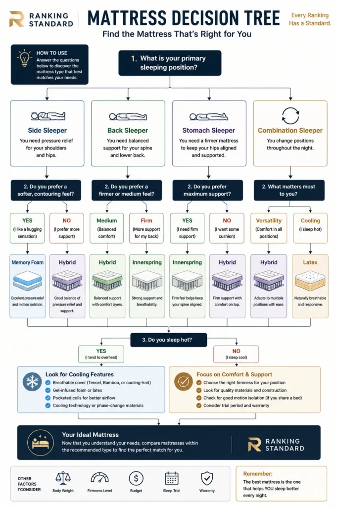 Decision tree helping buyers choose the right mattress based on sleeping position, firmness preference, cooling needs, and support.
