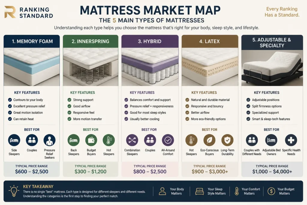 Mattress market map comparing memory foam, innerspring, hybrid, latex, and adjustable mattresses by features and ideal users.