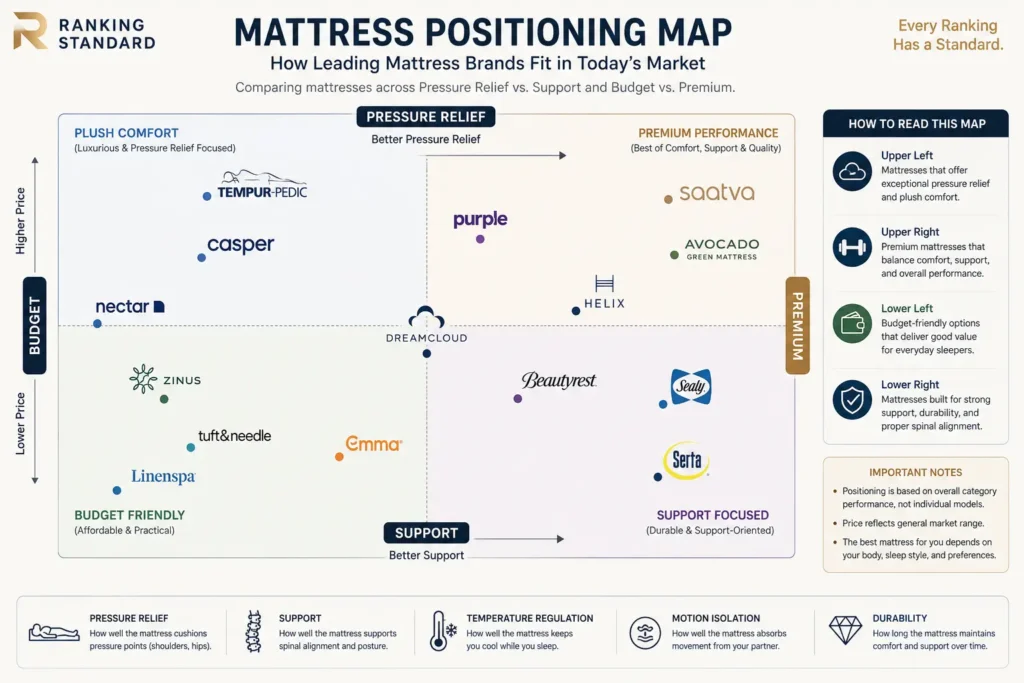 Positioning map comparing leading mattress brands based on pressure relief, support, and price.