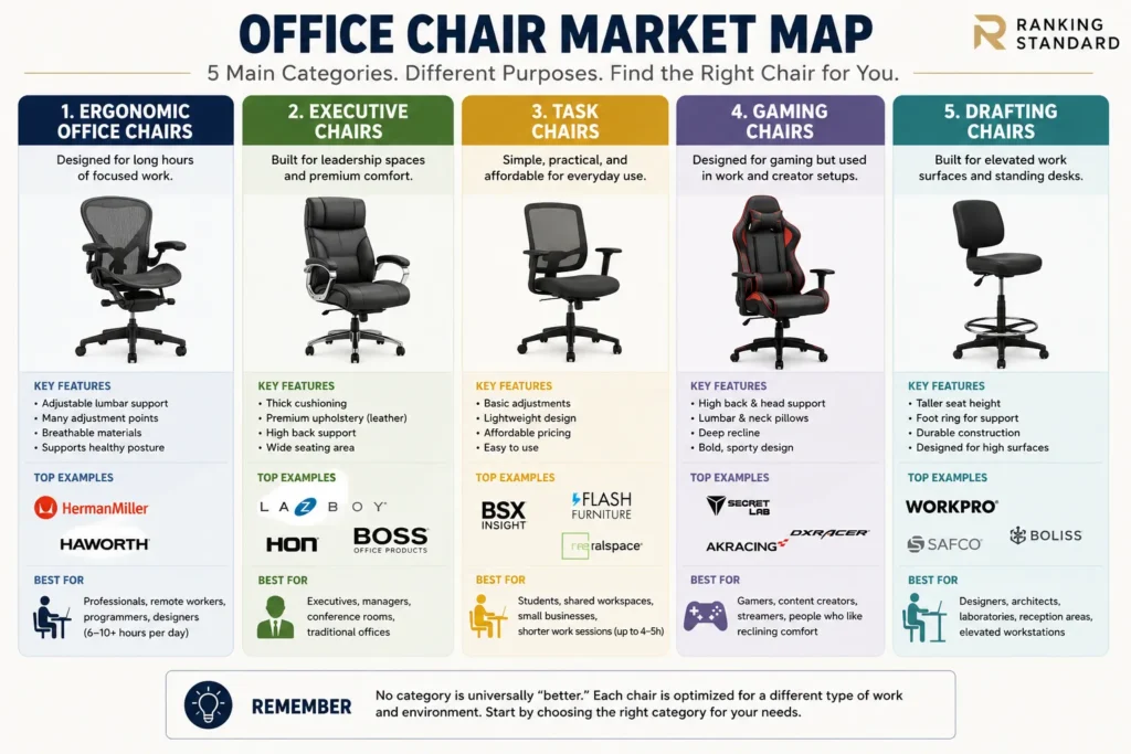 Office chair market map comparing ergonomic, executive, task, gaming, and drafting chairs by purpose, features, and ideal users.