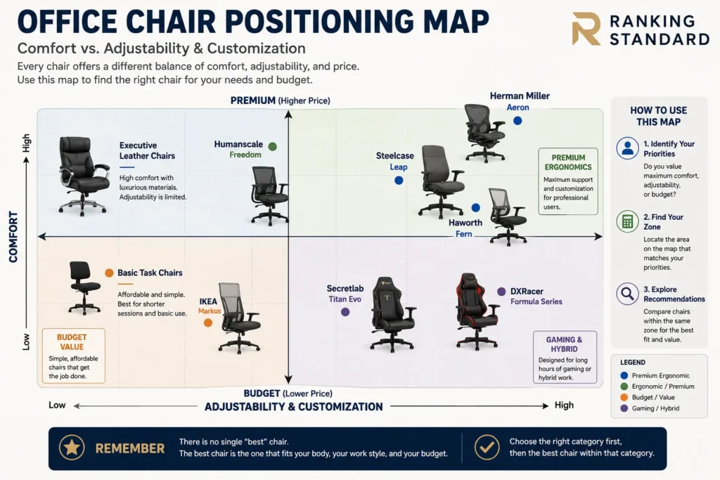 Positioning map comparing office chairs by comfort, adjustability, customization, and price.