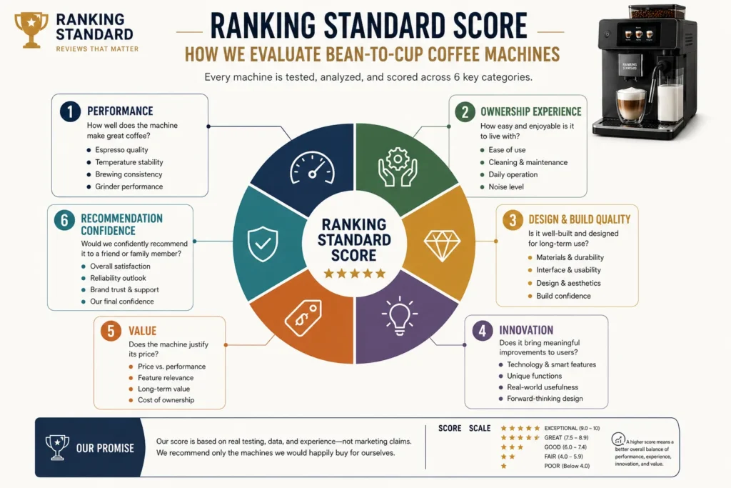 Ranking Standard's six-factor evaluation framework for reviewing bean-to-cup coffee machines objectively.