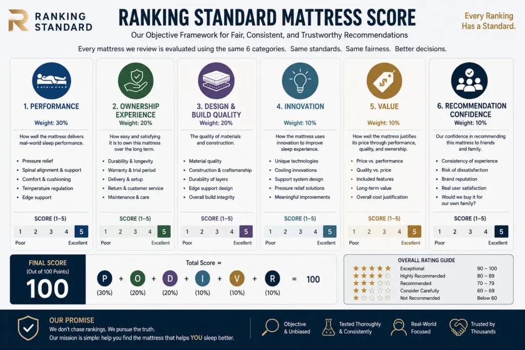 Ranking Standard's six-factor evaluation framework for objectively comparing mattresses.
