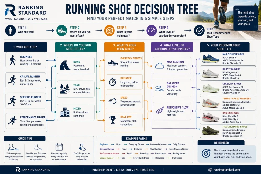 Decision tree helping runners choose the right running shoe based on experience, terrain and goals.