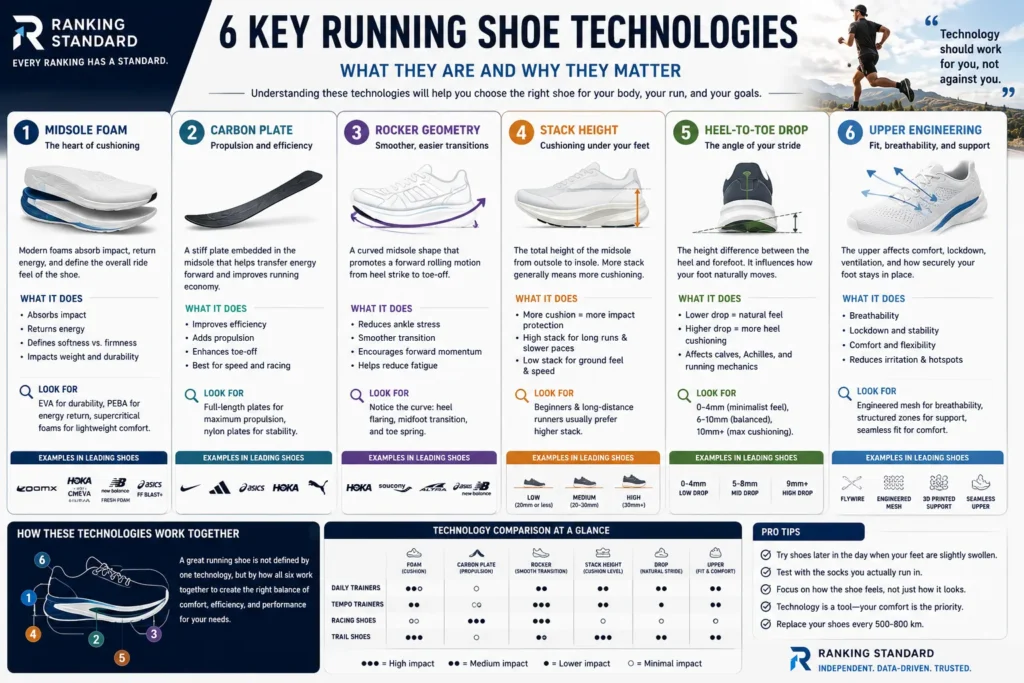 Infographic explaining modern running shoe technologies including foam, carbon plates, rocker geometry, stack height, heel drop and upper engineering.