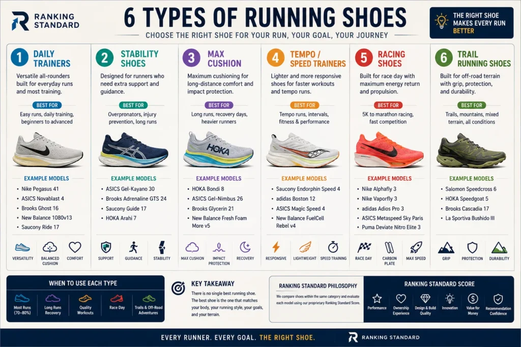 Infographic explaining the six major categories of running shoes.
