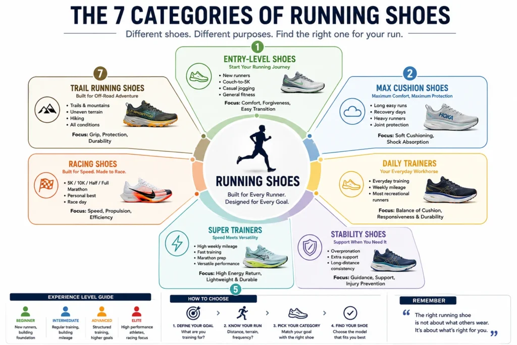 Infographic explaining the seven major categories of running shoes, including entry-level, daily trainers, max cushion, stability, super trainers, racing shoes, and trail running shoes, along with recommended experience levels.