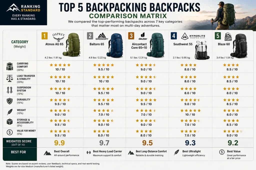 Comparison chart of the five highest-ranked backpacking backpacks across comfort, suspension, durability, stability, weight, and value