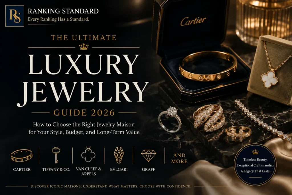 Luxury jewelry editorial hero featuring engagement rings, bracelets, necklaces, and high jewelry selected to illustrate how buyers can choose the right maison for their style, purpose, budget, and long-term value.