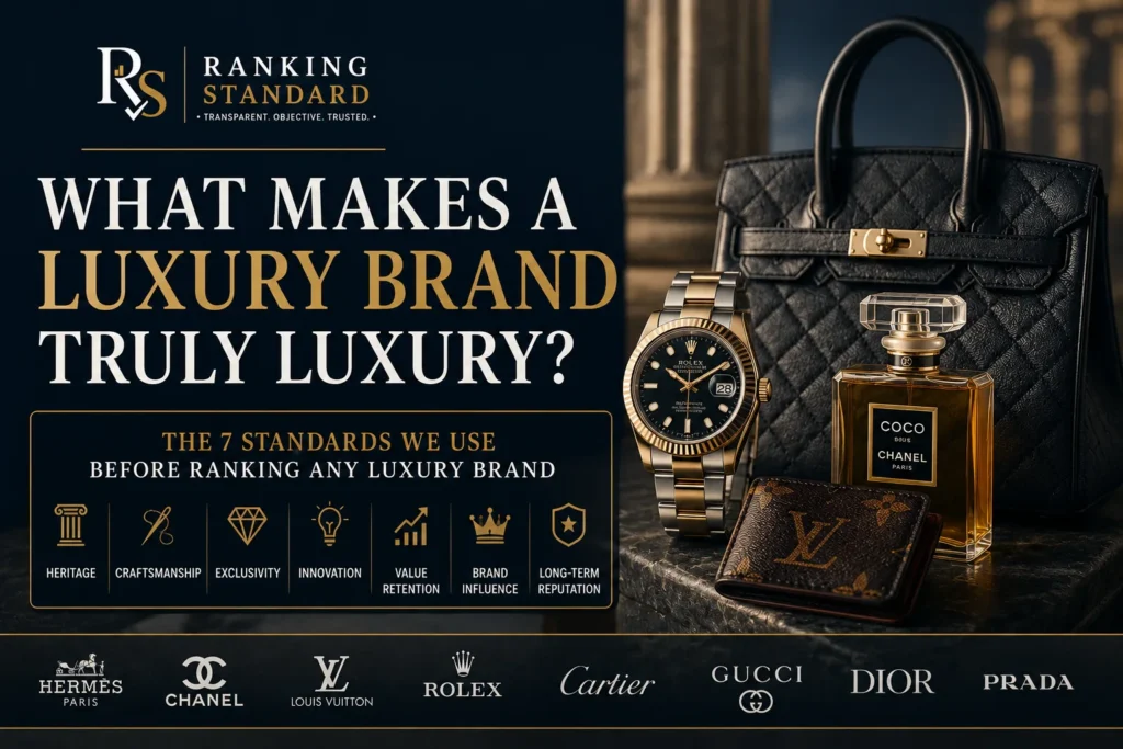 Luxury brand editorial hero featuring premium symbols that represent heritage, craftsmanship, exclusivity, and the evaluation standards used by Ranking Standard.
