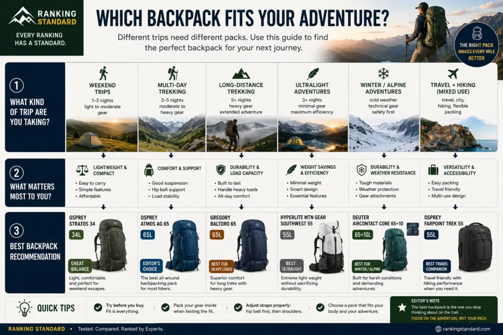 Decision guide matching backpack types to weekend trips, trekking, expeditions, ultralight hiking, winter hiking, and travel