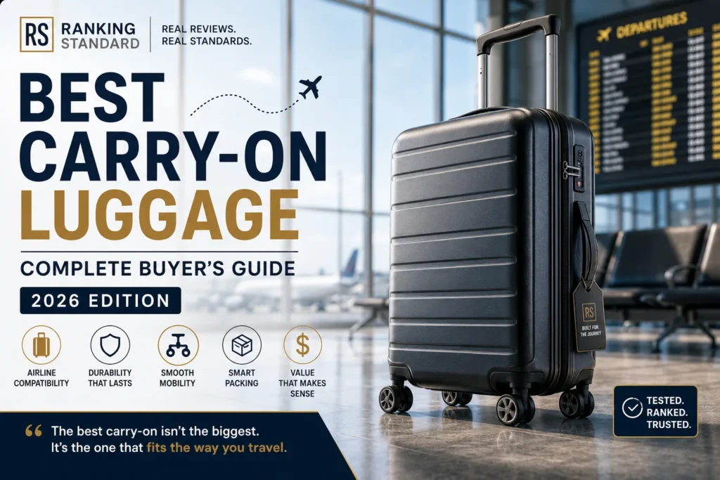 Hard-shell carry-on suitcase in an airport terminal with Ranking Standard carry-on luggage buying guide.